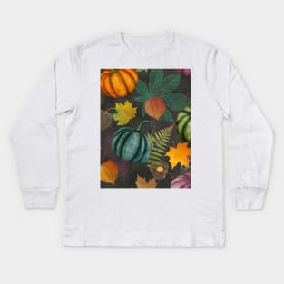 Colorful autumn watercolor seamless botanical pattern, Pumpkins, maple leaves, Physalis composition. Thanksgiving vibrant textural background Kids Long Sleeve T-Shirt